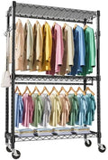 M MZG Heavy Duty Rolling Garment Rack 3 Tiers Adjustable Wire Shelving Clothes Rack with 2 Rods and Side Hooks, Storage Closet Clothing Rack with Wheels Black 17.7" D x 47.2" W x 83.6" H by MEIGAOPLASTICANDMETALHKCOLIMITED