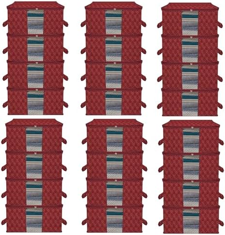 Kuber Industries Underbed Storage Bag (Pack of 24) | Golden Printed | Large Blanket Organizer | Clear Window & Handle Storage Bag | Maroon by Kuber+Industries
