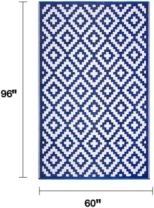 FH Home Outdoor Rug - Waterproof, Fade Resistant, Reversible - Premium Recycled Plastic - Geometric - Patio, Porch, Deck, Balcony - Aztec - Blue & White Crease Free - 5 x 8 ft - Image 2