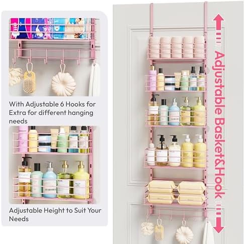 SWTYMIKI Over The Door Organizer - Door Organizer Hanging with 5 Adjustable Metal Large Capacity Basket and 6 Coat Hook, Wall Mounted Shelf for Bedroom Closet Bathroom Laundry Pantry Cabinet Kitchen - Image 5