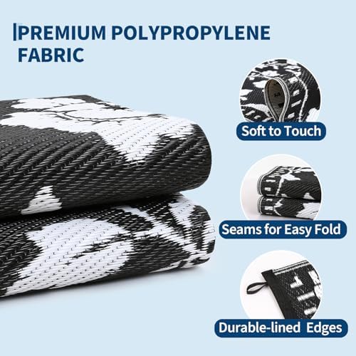 Garvee Floral Outdoor Rug 9x12 Patio Waterproof Plastic Straw Rug, Black - Image 5