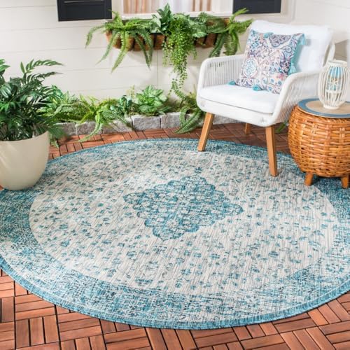 SAFAVIEH Washable Rug Outdoor Courtyard Collection - 6'7" Round, Teal & Cream, Non-Shedding & Easy Cleaning, Ideal for Patio, Backyard, Mudroom (CY8720-372) by Unknown