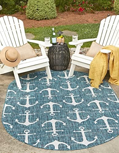 Unique Loom Outdoor Coastal Collection Area Rug - Ahoy (7' 10" x 10' Oval, Teal/ Ivory) by UniqueLoom