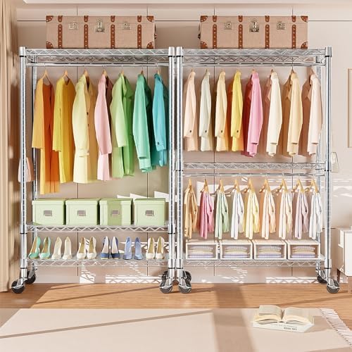 M MZG Heavy Duty Rolling Garment Rack 3 Tiers Adjustable Wire Shelving Clothes Rack with 2 Rods and Side Hooks, Storage Closet Clothing Rack with Wheels Chrome 17.7" D x 47.2" W x 83.6" H - Image 6