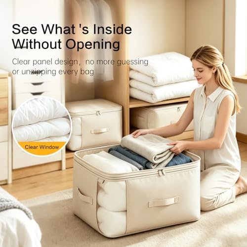Comforter Storage Bag, Large Capacity Blanket Storage Bags 2-Layer Ultra Space Saving Self Compression Organizer, Heavy Duty Space Saver Organizer for Bedding, Clothes, Blanket, 6-Pack, Beige - Image 6