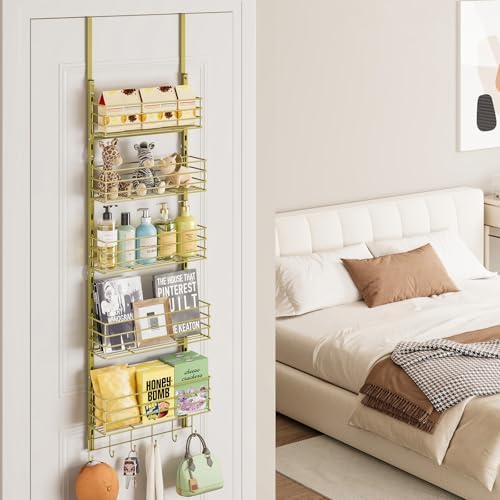 SWTYMIKI Over The Door Organizer - Door Organizer Hanging with 5 Adjustable Metal Large Capacity Basket and 6 Coat Hook, Wall Mounted Shelf for Bedroom Closet Bathroom Laundry Pantry Cabinet Kitchen - Image 2