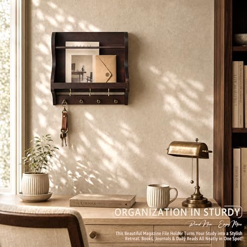 Acacia Wood Mail Organizer Wall Mount with 7 key Hooks Entryway, Dark Brown - Image 4