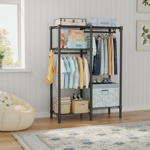Ulif F1 Garment Rack for Kids, Baby, Students, and Children's Room, 4 Tiers Freestanding and Portable Heavy Duty Closets, Small Metal Clothes Rack with 2 Hanging Rod, 31.2" W x 11.8" D x 48" H, Black - Image 2