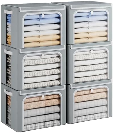 Yecaye Stackable Clothes Storage Bins with Lid, Grey, 40L, 6 Pack by Yecaye
