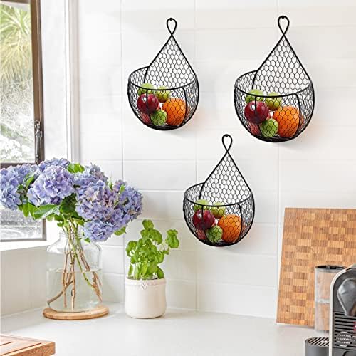 ERYTLLY Metal Fruit And Vegetable Storage Hanging Basket Wall Mounted, Hanging Basket For Kitchen Black Wire Baskets for Flowers, Fruits and Veggies - Set of 3 - Image 6