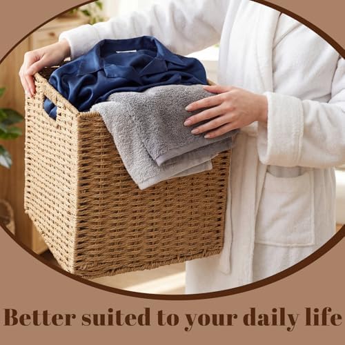 Newtay 6 Pcs Wicker Storage Baskets 11.8 x 11.8 in Cube Storage Bin Organizer Camel Square Foldable Wicker Baskets for Shelves Organizing Decor Laundry Pantry Toys - Image 5