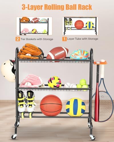 EXTCCT Basketball Rack with Wheels, 3 Tier Garage Ball Storage Organizer - Image 2