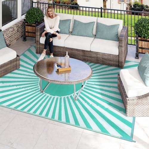 Wonnitar 8x10 Outdoor Rug Waterproof - Large Reversible Patio Rugs, Lightweight Plastic Straw Patios Mat for RV, Portable Outdoor Camping Carpet for Deck Picnic (Blue-Green, 8'x10') - Image 7