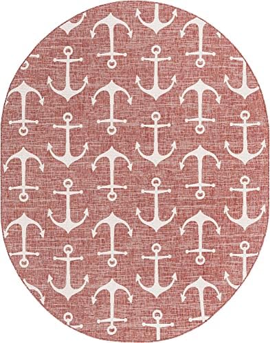 Unique Loom Outdoor Coastal Collection Area Rug - Ahoy (7' 10" x 10' Oval, Rust Red/ Ivory) - Image 3