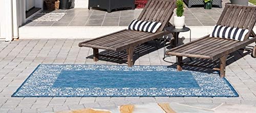 Unique Loom Outdoor Border Collection Area Rug - Floral Border (9' x 12' Rectangle, Blue/ Ivory) - Image 3