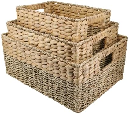 YAHUAN Natural Water Hyacinth & Seagrass Woven Storage Baskets – Wicker Storage Basket Organizer Bins with Handles for Home & Office Pantry Shelf (Set of 3) by YAHUAN