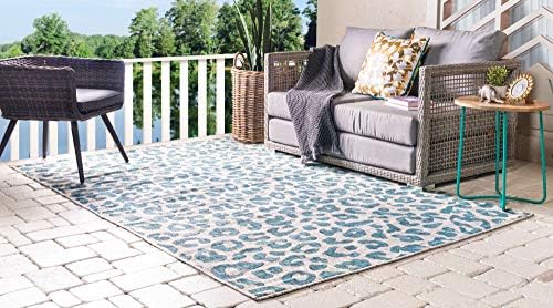 Unique Loom Outdoor Safari Collection Area Rug - Leopard (9' x 12' Rectangle, Teal/ Ivory) - Image 3