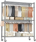 Homdox Rolling Clothes Rack Heavy Duty, 3-Tier Adjustable Wire Shelving Garment Organizer with Double Rods & Hooks, Portable Clothes Rack with Wheels, 17.72" D x 47.24" W x 80.71" H, Grey by HOMDOX