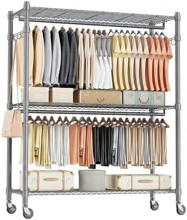 Homdox Rolling Clothes Rack Heavy Duty, 3-Tier Adjustable Wire Shelving Garment Organizer with Double Rods & Hooks, Portable Clothes Rack with Wheels, 17.72" D x 47.24" W x 80.71" H, Grey by HOMDOX