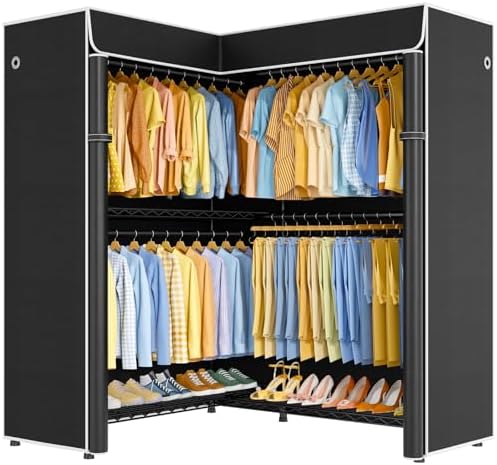 ULIFHOME E15C Pro Garment Rack L Shaped Clothes Rack for Corner，Freestanding Clothing Racks for Hanging Clothes，Heavy Duty Closet System 48.8"W x 15.8"D x 78.4"H，Black Rack with Black Dustproof Cover by UlifHome