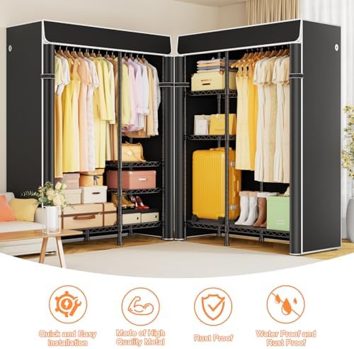 Ulif F4C Heavy Duty Clothes Rack with Dustproof Cover，Freestanding Clothing Racks for Hanging Clothes，Adjustable Closet Organizer System，Portable Garment Rack 45"W*15.8"D*71.3"H，Max Load 600LBS，Black - Image 3