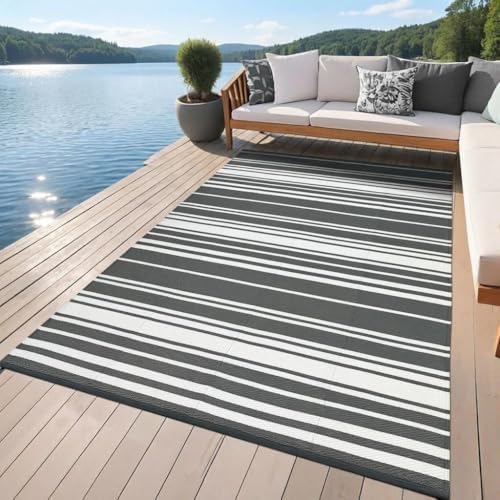 GAOMON Modern Lines 9x12 Outdoor Rug Waterproof Geometric Striped Reversible Camping Plastic Straw Carpet UV-Resistant Lightweight Portable Modern Indoor Outdoor Rugs for RV Deck Balcony, Grey White by GAOMON