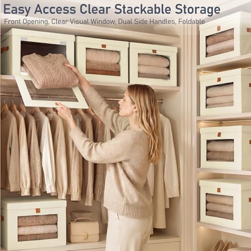 DIMJ Storage Bins with Lids - 5 Pack Front Opening Stackable Fabric Storage Boxes with Clear Window & Handles, Collapsible Closet Organizers for Clothes, Sweaters, Shelf Storage, Bedroom, Beige - Image 2