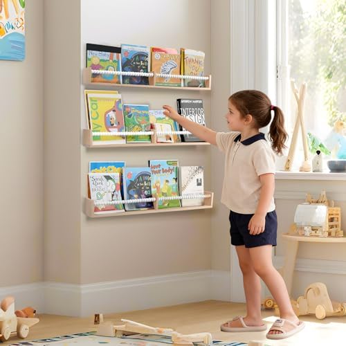 birola Nursery Bookshelf,Set of 3 White Wood Floating Bookshelf for Kids,Nursery Shelves for Wall,Bathroom Decor, Kitchen Spice Rack (White 3) - Image 4