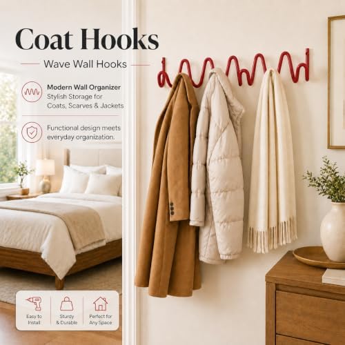 Coat Rack Wall Mount, Modern Wave Metal Wall Hooks, 6 Hooks, Red - Image 3