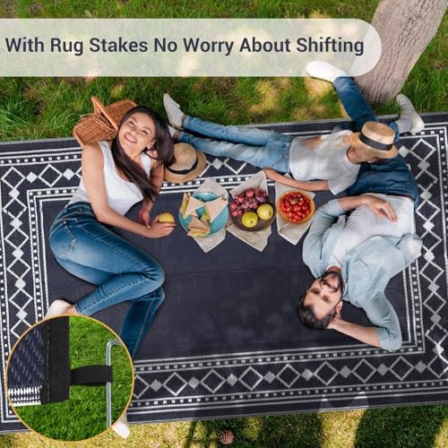 GlowSol 8x10 Waterproof Outdoor Rug Reversible Plastic Area Rug, Portable RV Camping Mat for Patio Deck Backyard Porch Balcony Beach Stain Resistant Outdoor Floor Carpet for Outside, Dark Blue/White - Image 4