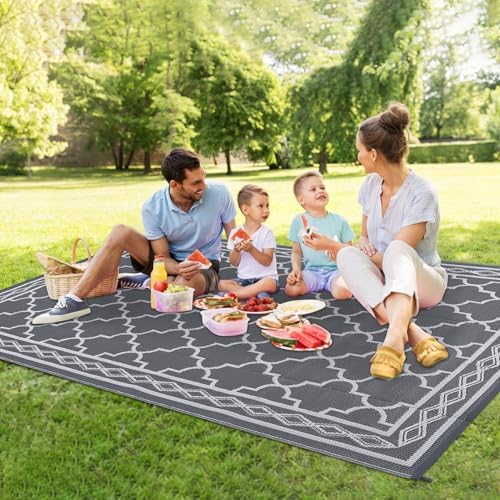 Outdoor Patio Rug 10x20 Outdoor Rug Trellis Plastic Straw Rug for Patio Reversible Mats Waterproof Camping Rug for RV Beach Deck Picnic Backyard Porch Easy Cleaning Floor Mat Grey White - Image 3