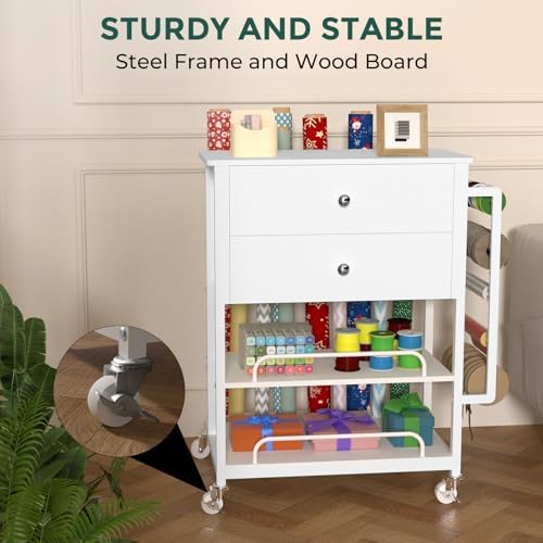 Wrapping Paper Storage & Organizer, Craft Cart with Ribbon & Gift Bag Storage, Wrapping Paper Organizer Holder(2 Wooden Drawers-White) - Image 6