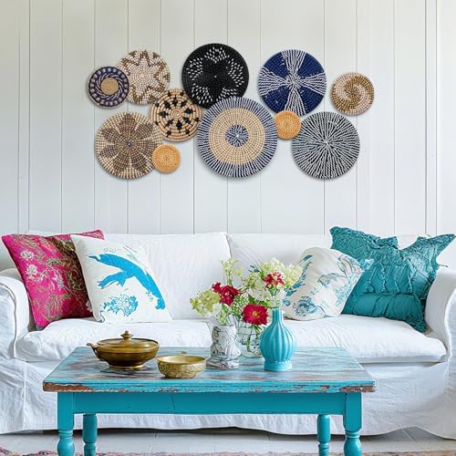 Tatuo 11 Pcs Boho Wall Basket Decor Woven Wall Hanging Art, Blue - Image 5