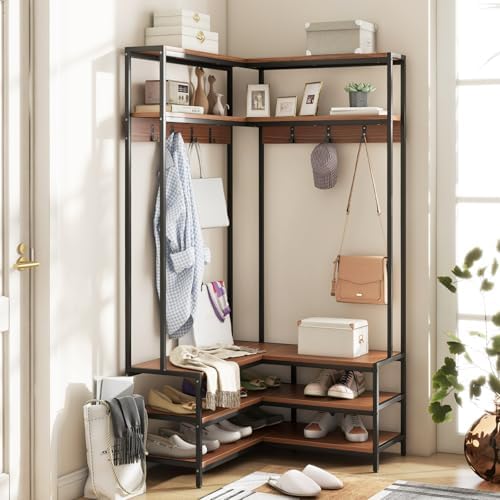 GIANTEX Corner Coat Rack, L-Shaped Hall Tree with Bench and Shoe Storage by Giantex