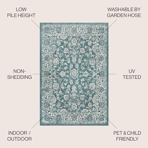 JONATHAN Y Weave Floral Indoor Outdoor Area Rug 4X6 Teal/Gray, Tela Bohemian Textured for Backyard, Patio, Porch, Easy-Cleaning, High Traffic, Pet-Friendly, Non-Shedding (SMB100C-4) - Image 2