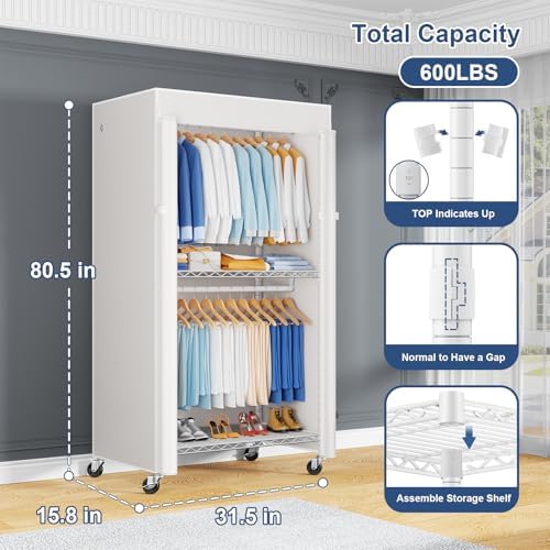 ULIFHOME P8C Heavy Duty Clothes Rack（With Extended Width Design） Rolling Clothing Racks for Hanging Clothes with Lockable Wheels，31.5" W x 15.8" D x 80.5" H，Max Load 600LBS，White Rack with White Cover - Image 2