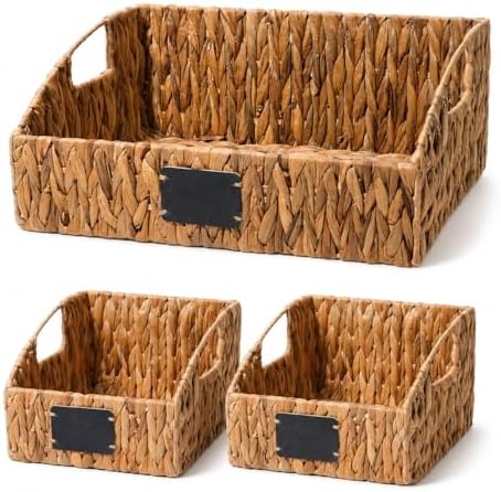 Water Hyacinth Pantry Baskets Set of 3, Chalkboard Labels by Rattanzenith