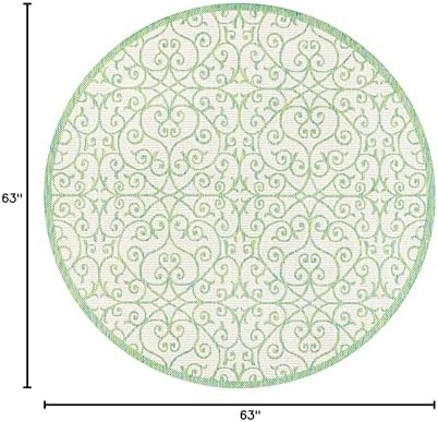 Eyely Filigree Weave Round Rug 5 Ft Cream/Green, Indoor Outdoor Rug - Image 2