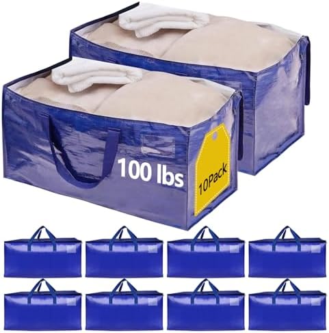 10 Pack Waterproof Moving Storage Bags, 100 lbs Extra Large Heavy Duty Totes with Reinforced Handles & Strong Zippers, Reusable Moving Box Alternative for Packing Moving Household Storage, 95L, Blue by Demiwise