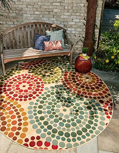 Unique Loom Outdoor Modern Collection Area Rug - Spark (7' 1" Round, Beige/ Burgundy) by UniqueLoom