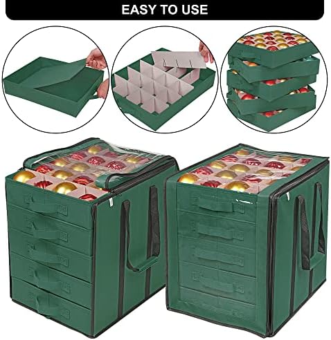 ProPik Christmas Ornament Storage Boxes with Dividers - 5 Separate Trays - Ornament Holder - Keeps 100 Holiday Ornaments - Durable Carrying Bag Handles Organizer Storage Box (Green) - Image 2