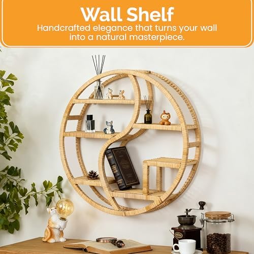 Vintiquewise Round Bamboo Wall Shelf with 3-Tier Wooden Display Sections – Boho Circle Hanging Shelf for Living Room, Bedroom, Entryway & Home Decor, Plants & Collectibles - Image 3