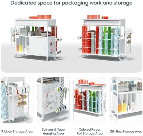 Height-Adjustable Gift Wrapping Station with Paper Clamp & Adhesive Measuring Tape,Rolling Wrapping Paper Cart with Ribbon & Gift Bag Storage, Craft Organizer Workstation (White) - Image 5