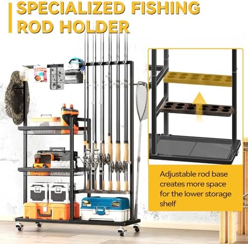 SOYEEZE Fishing Rod Holders for Garage,Fishing Gear Holder for Fishing Rod Tackle Box Storage，Fishing Pole Holders for 12 Rods with Hooks and Pegboard,Fishing Cart with 2 Baskets, Standard Size - Image 3