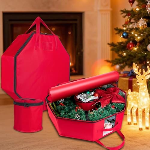 BrilliantJo 2 Pack Wreath Storage Christmas Garlands Bag with Interior Pockets Large Xmas Container Box for holiday Decorations Case with Dual Zipper and Handles Window Labeling Card Slot 24" Red by BrilliantJo