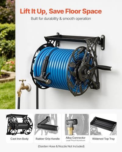 VEVOR Wall Mounted Garden Hose Reel, Holds 135 Feet of 5/8-inch Hose, Outdoor Heavy-Duty Waterhose Holder Winder, with Widened Top Tray, Aluminum Alloy Connector, Decorative Pattern, for Backyards - Image 3