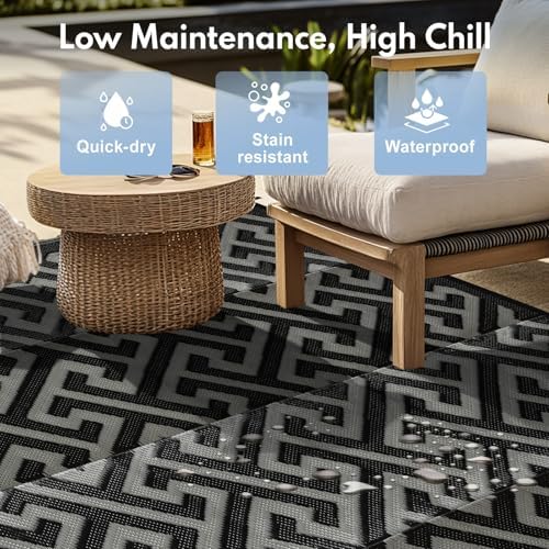 Waterproof Outdoor Rug 9x12 ft, Reversible Plastic Straw Rug, Easy to Clean Patio Rug, Portable Carpet for Patio, RV, Deck, Balcony, Backyard, Picnic, Beach, I-Shaped, Black - Image 3