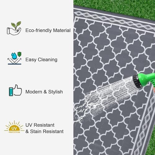 GAOMON Outdoor Plastic Straw Rug, 10'x20' Reversible Sage Green Patio Mat, Flower Modern Design for RV, Backyard, Deck, Camping, Picnic, Grey/White(Geometric) - Image 6