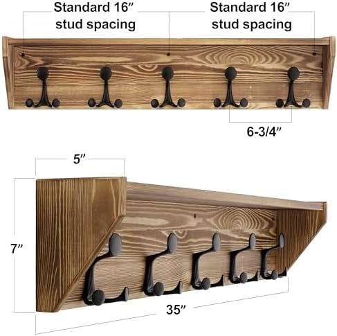 SKOLOO Wall Shelf with Hooks, 35-Inch Coat Rack Wall Mount with Shelf Organizer - Heavy Duty, 5 Tri Hooks - Perfect for Entryway, Hallway, Living Room, Bedroom, Mudroom, Wood Brown & Black - Image 2