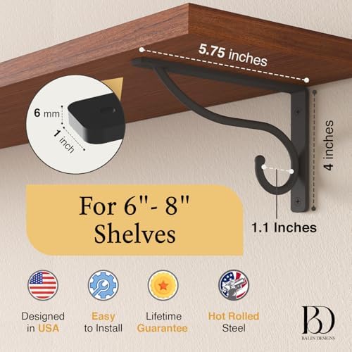 Closet Rod Bracket, 6 Inch Hook Shelf Brackets Heavy Duty Wall Mounted, Black Closet Rod Support Brackets for Curtains, Hanging Hook Kitchen, Garage Shelf Supports (4 Pack) (Black, 6 inches) - Image 2